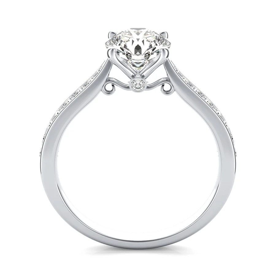 Cathedral Engagement Ring With Channel Set Side Stones And Scroll On The Side - Image 2