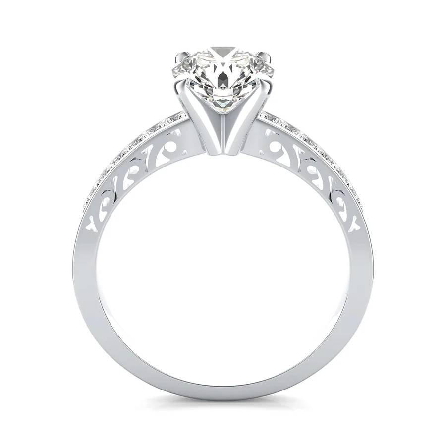 Cut Through Scroll Engraving Engagement Ring With Channel Set Side Stones - Image 2