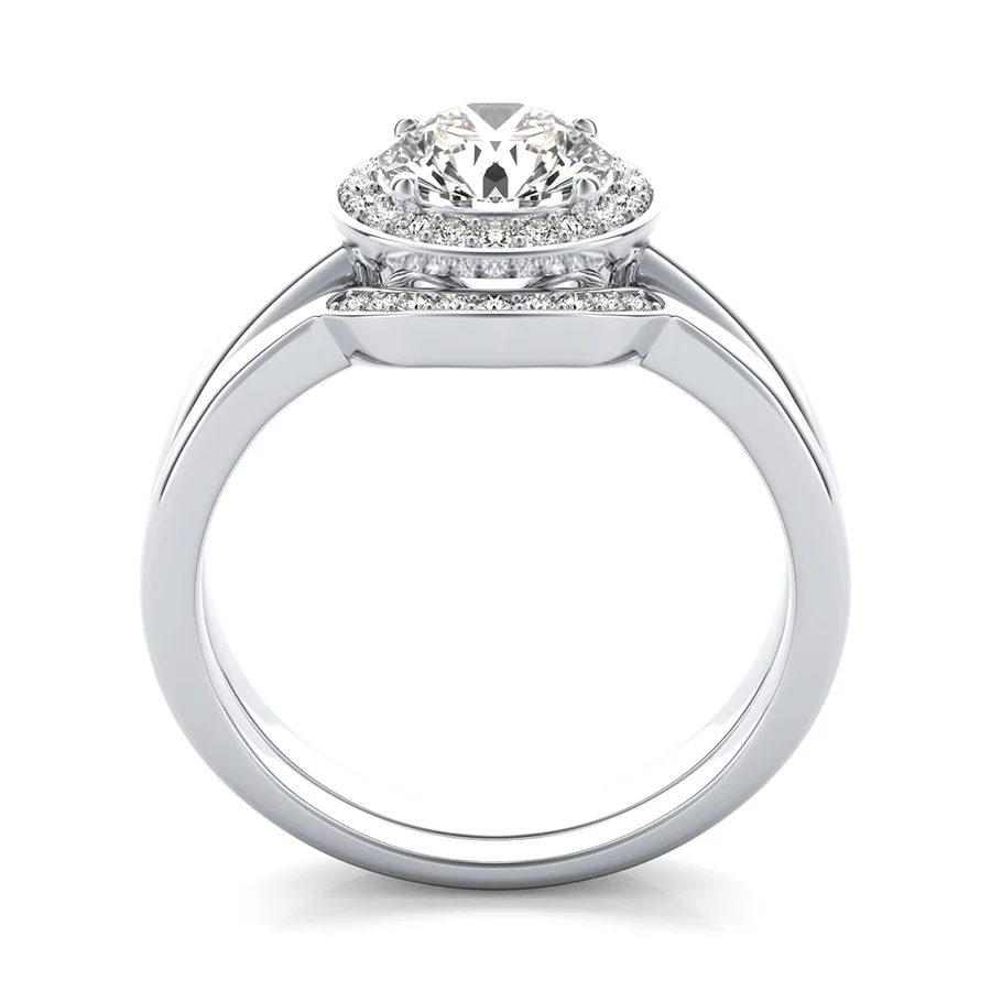 Halo Pave Set Engagement Ring With Scrolls On The Basket & Matching Band - Image 2