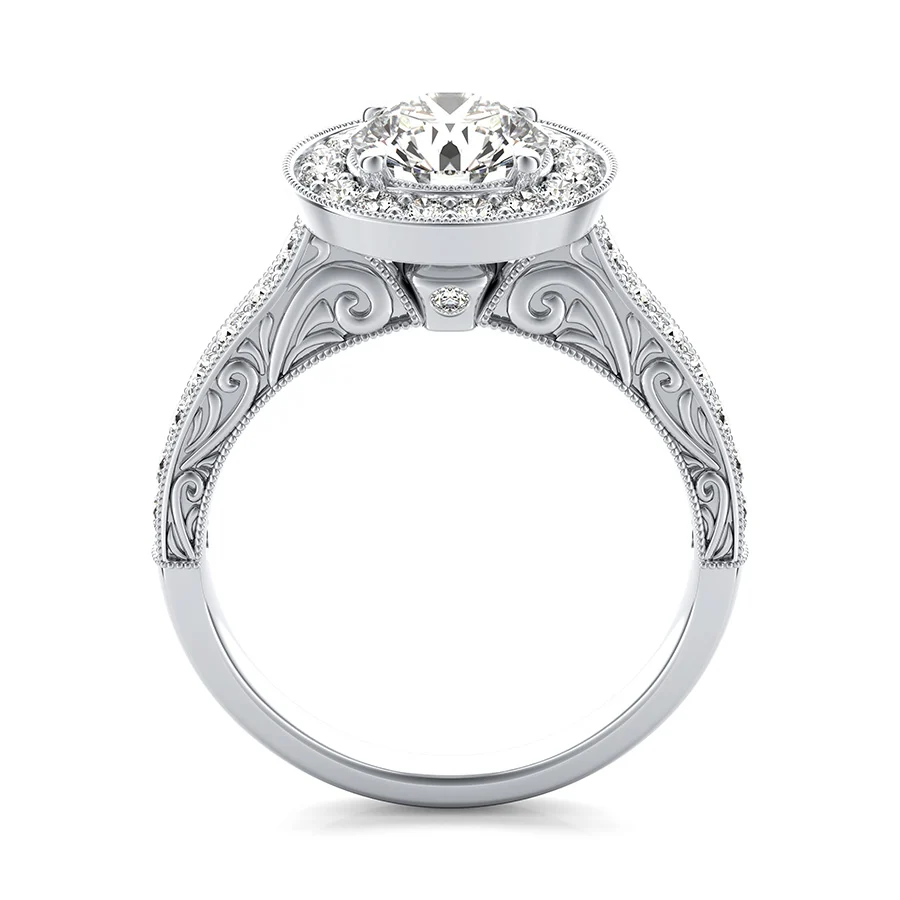 Scroll Engraving Halo Engagement Ring With Milgrain Pave Side Stones - Image 2