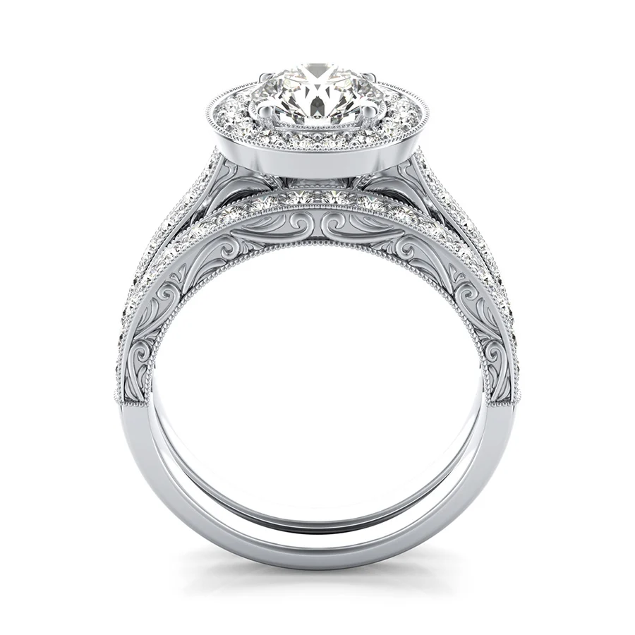 Scroll Engraving Halo Engagement Set With Milgrain Pave Side Stones - Image 2