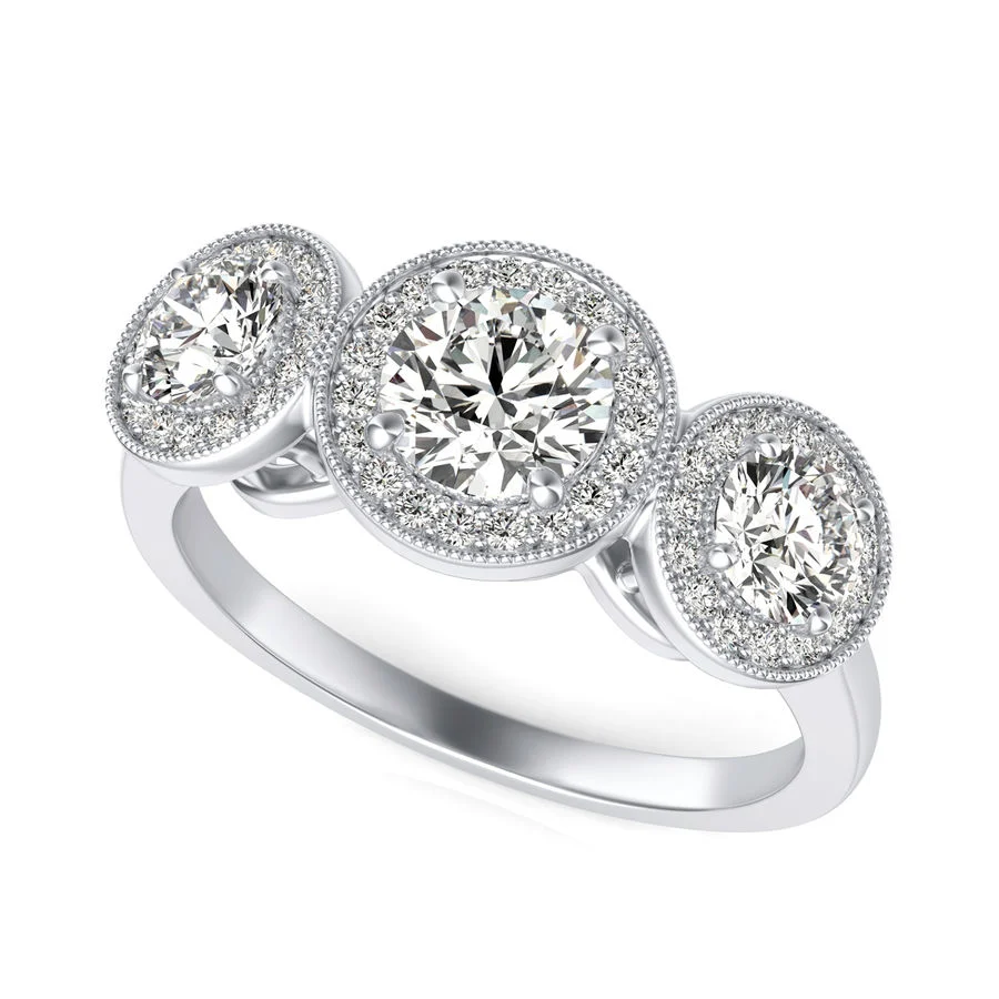 Three Stone Halo Engagement Ring