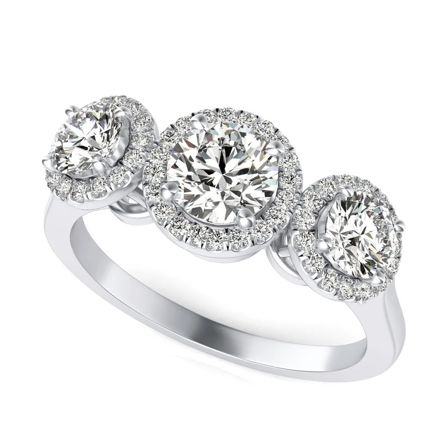 Three Stone Halo Engagement Ring