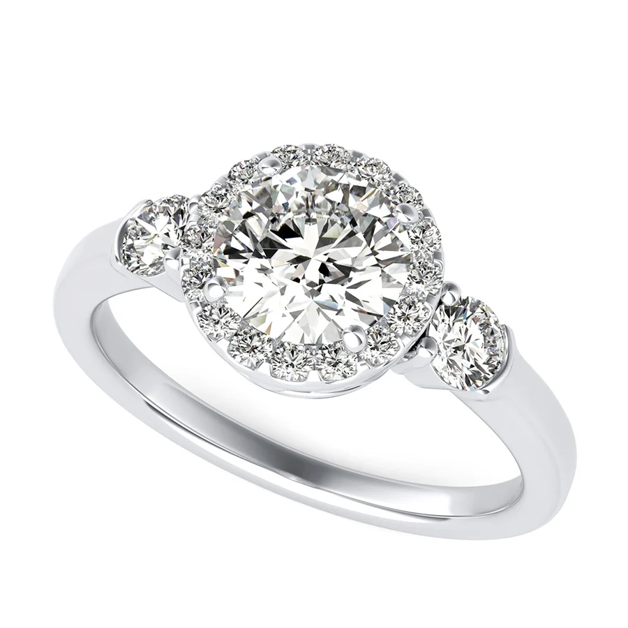 Three Stone Halo Engagement Ring With Scrolls On The Basket