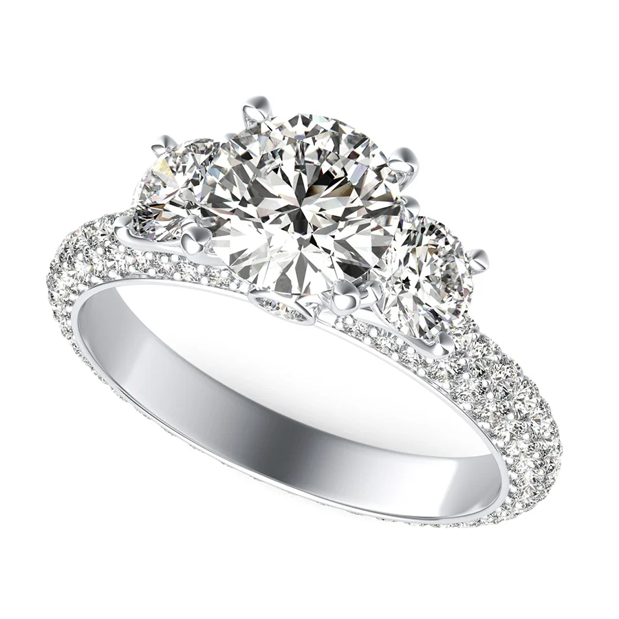 Yiara Three Stone Engagement Ring With Eternity Micro-Pave Shank